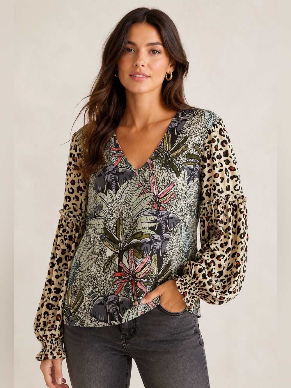 Anthropologie BL^NK London Jungle Leopard Balloon Sleeve Boho Blouse Medium